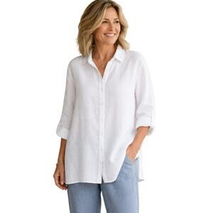 Alice Blue White Linen Button Front Tunic XL Long Sleeve Collared Shirt Cruise